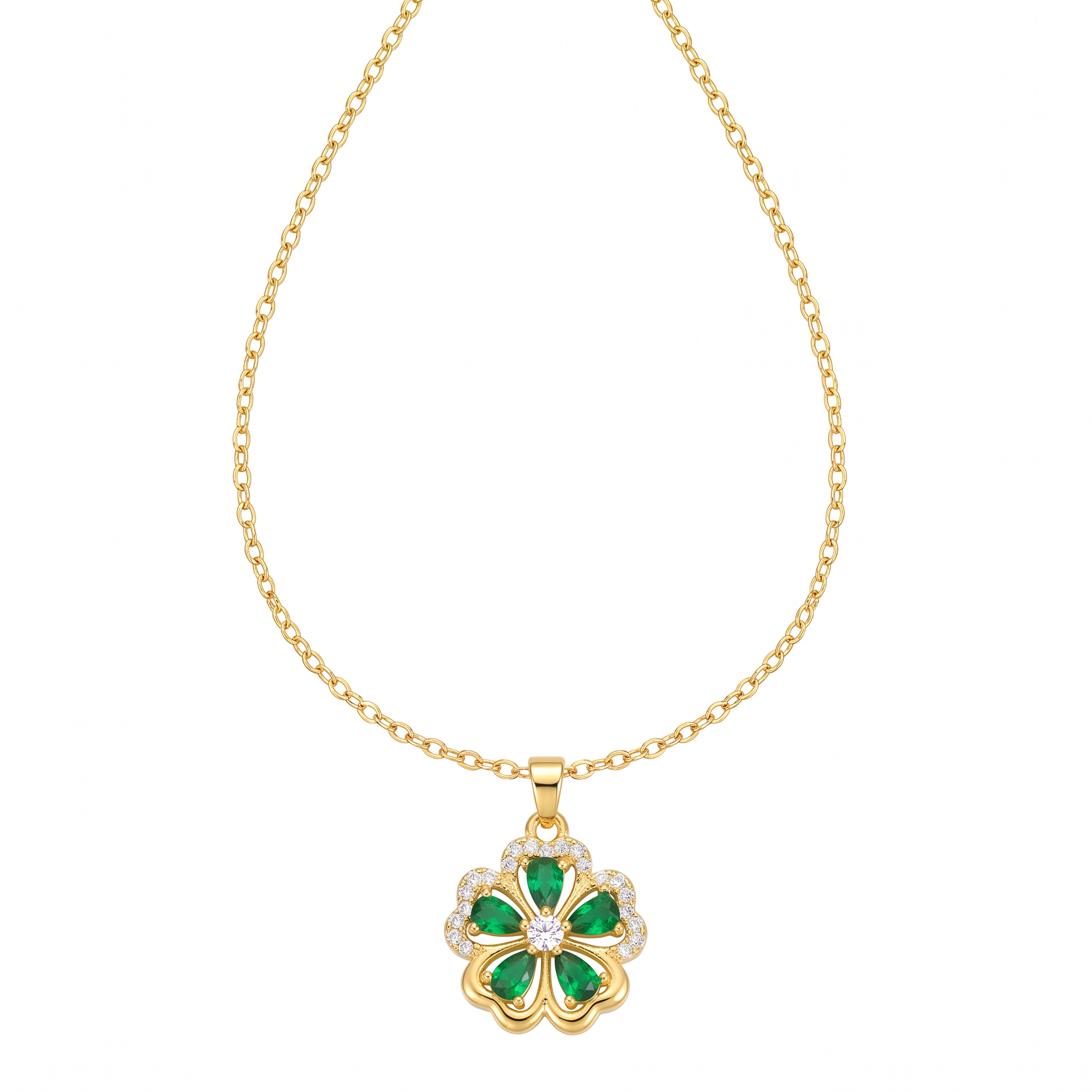 Gold Green Clover Crystal Pendant Necklace — yellow gold, teardrop