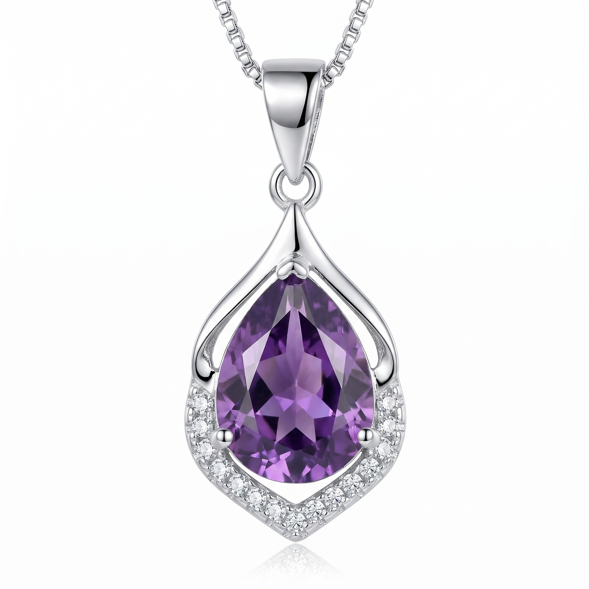 Elegant necklace with purple crystal — silver, close-up