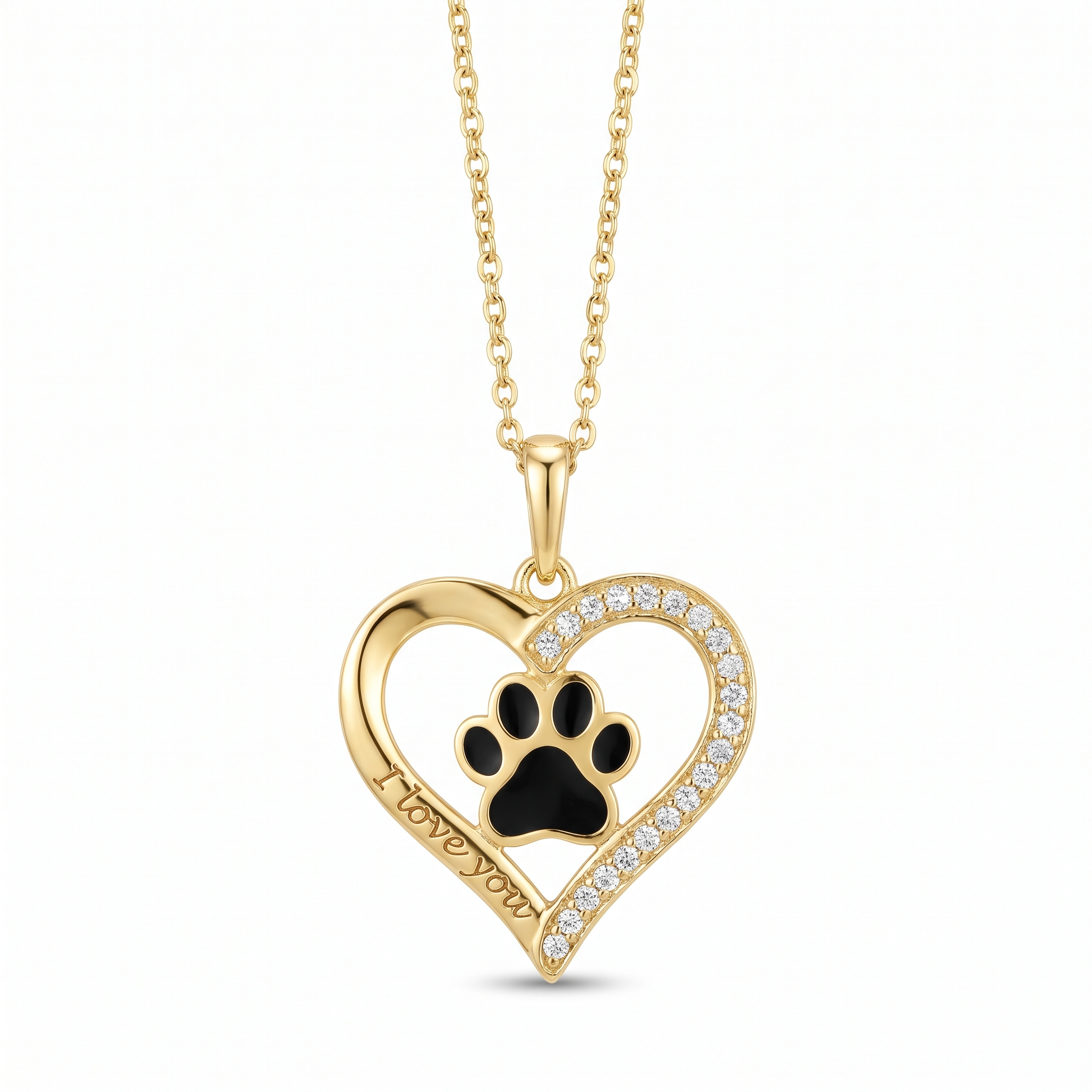 Heartfelt Paw Print Pendant Necklace — yellow gold, vertical chain
