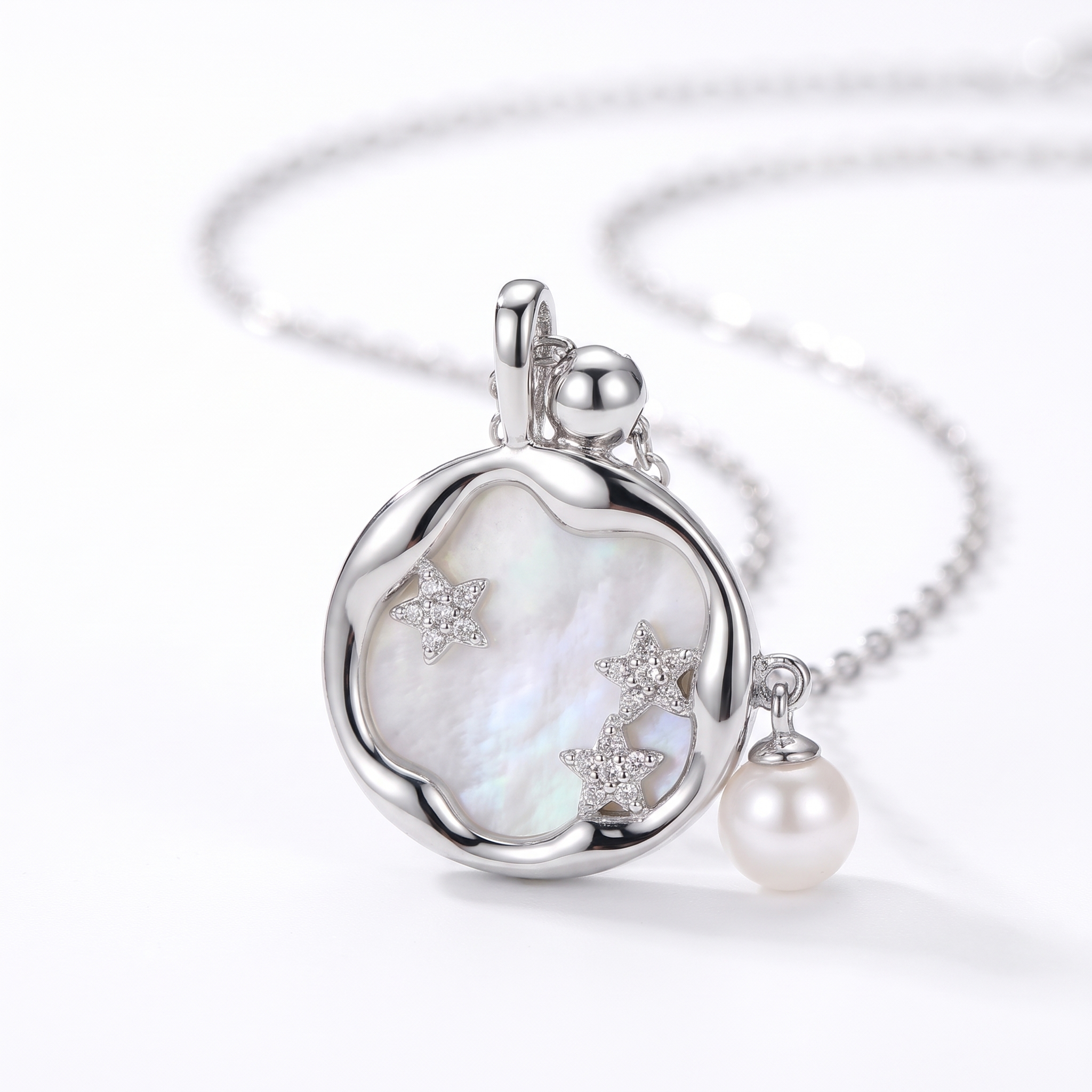 Moonstone with Pearl Necklace in Gold — silver, close-up