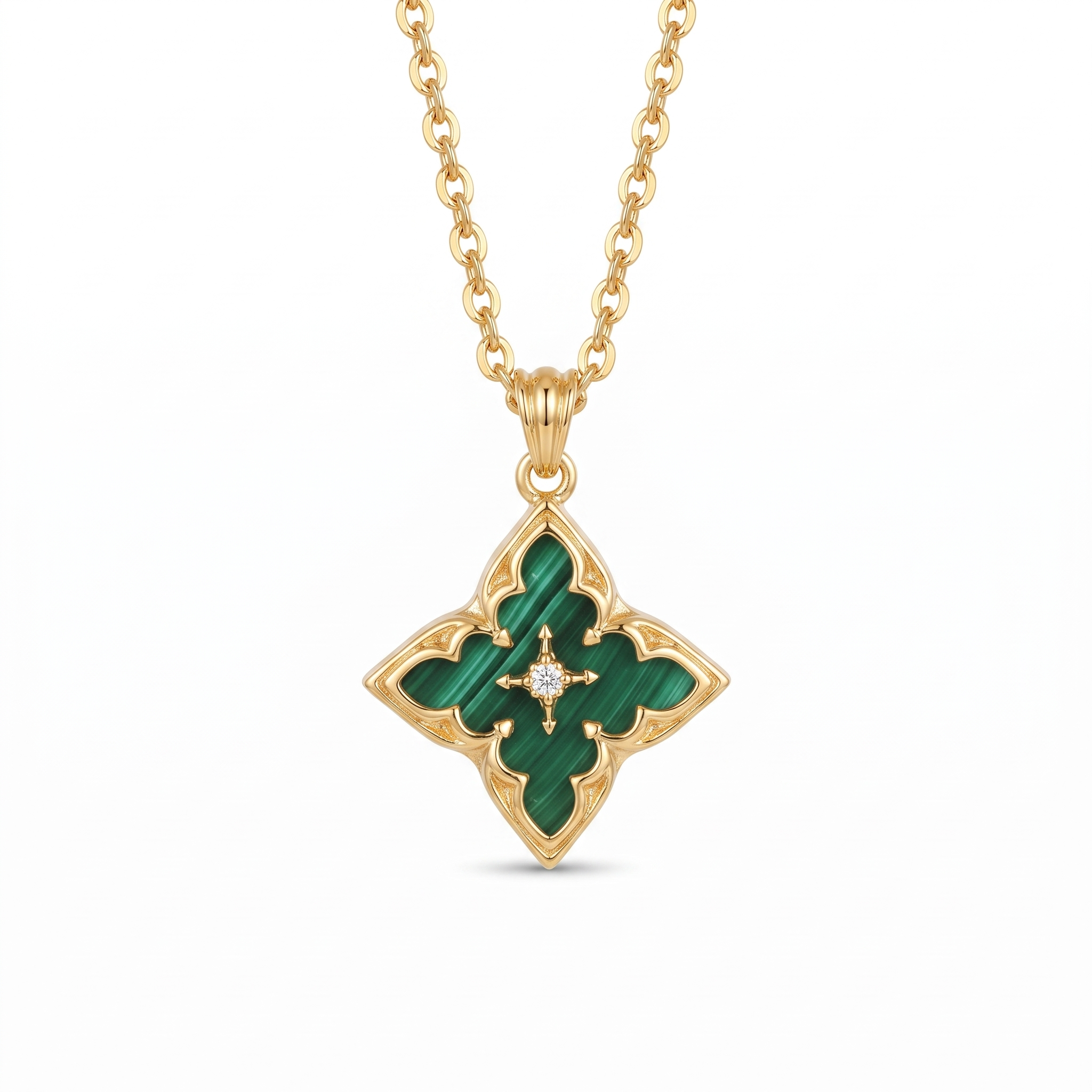 Emerald Clover Pendant Necklace — yellow gold, vertical chain