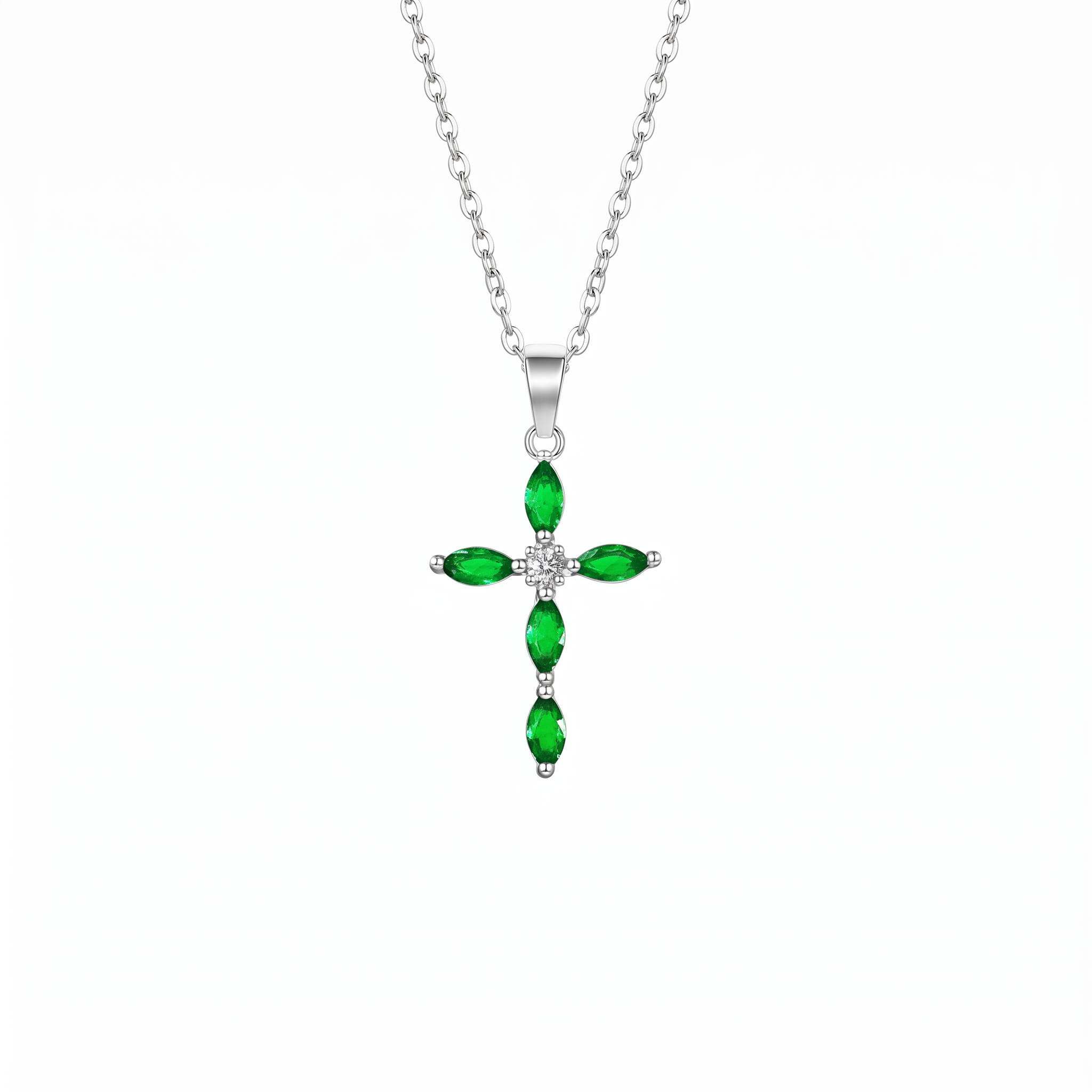 Emerald Cross Necklace — white gold, vertical chain