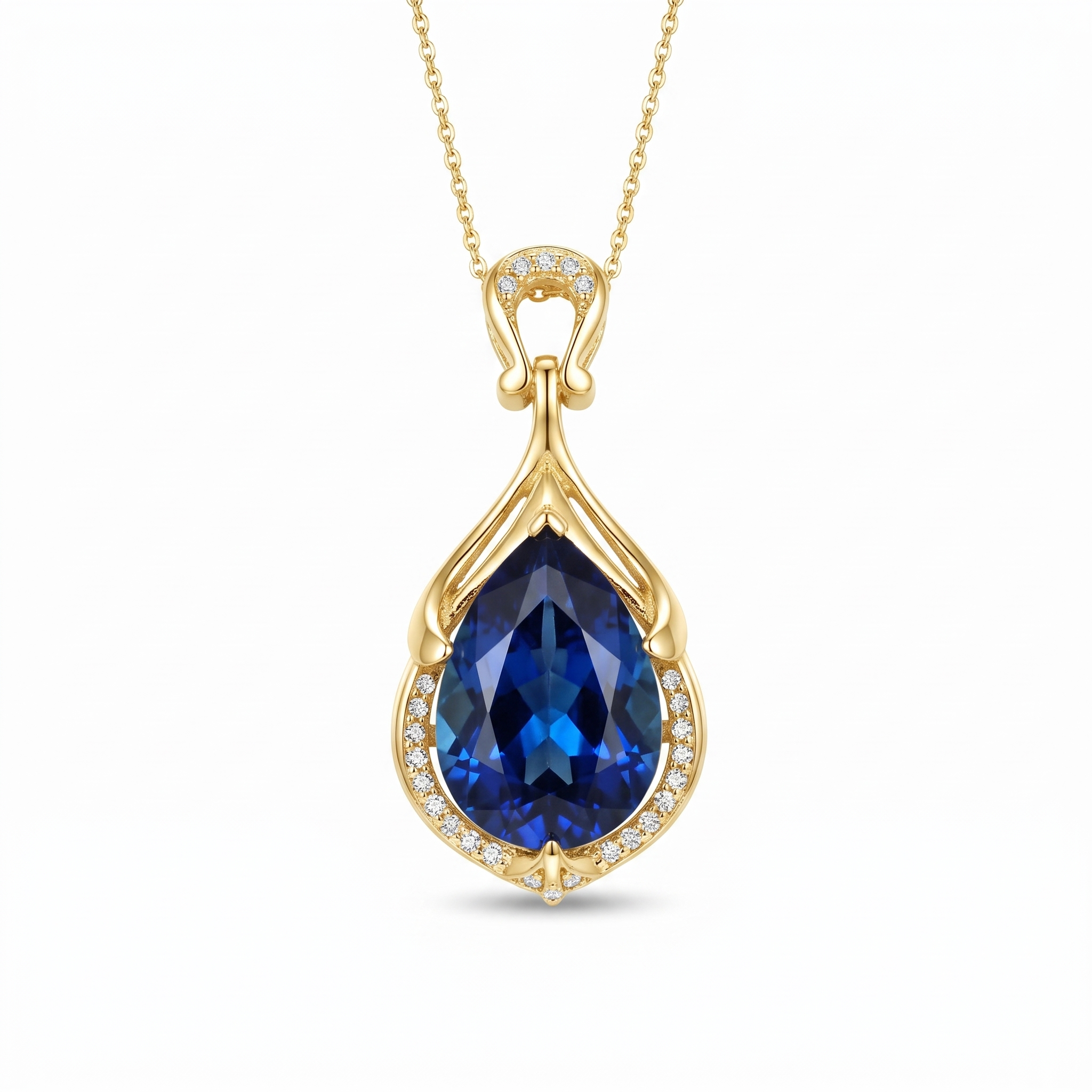 Alindra Feymorra Necklace, blue pear sapphire — Yellow gold, vertical chain