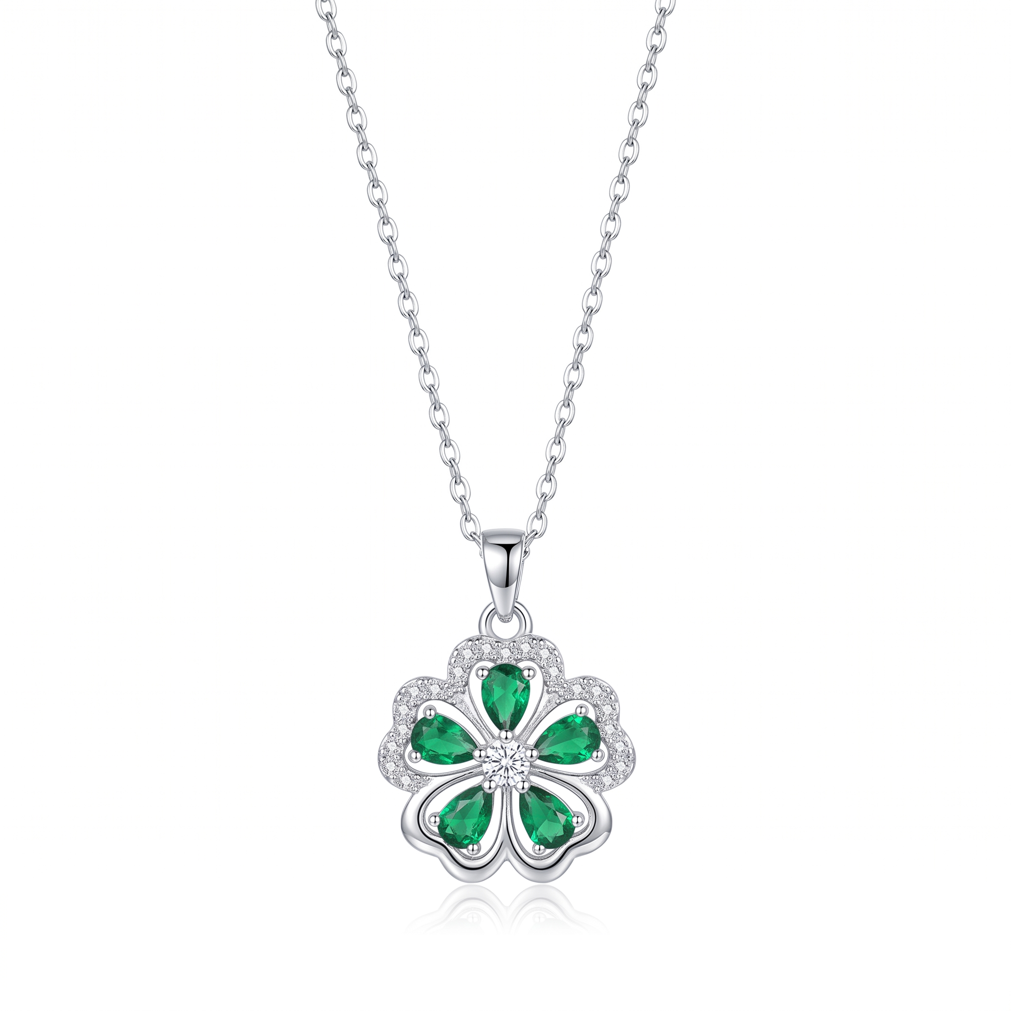 Gold Green Clover Crystal Pendant Necklace — white gold, vertical chain