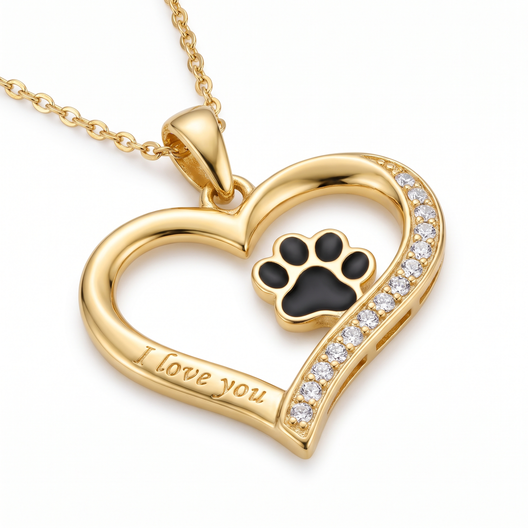 Heartfelt Paw Print Pendant Necklace — yellow gold, pendant close-up