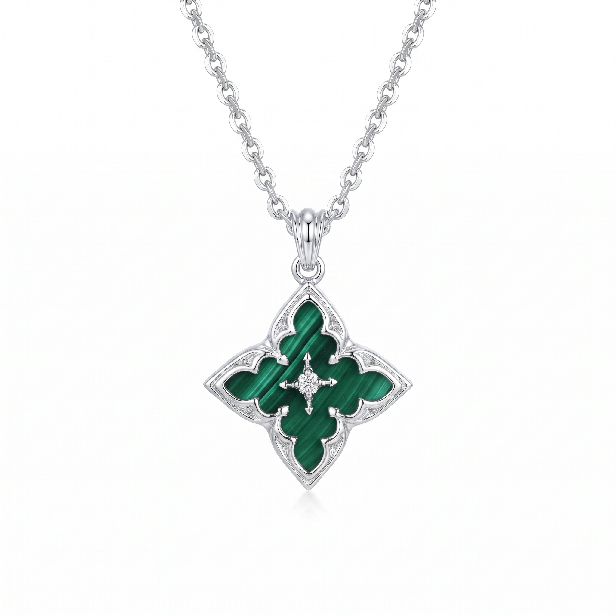 Emerald Clover Pendant Necklace — white gold, vertical chain
