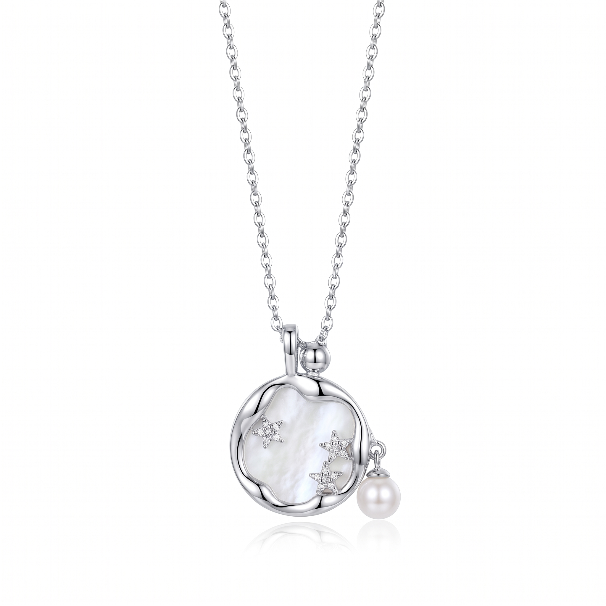 Moonstone with Pearl Necklace in Gold — silver, vertical