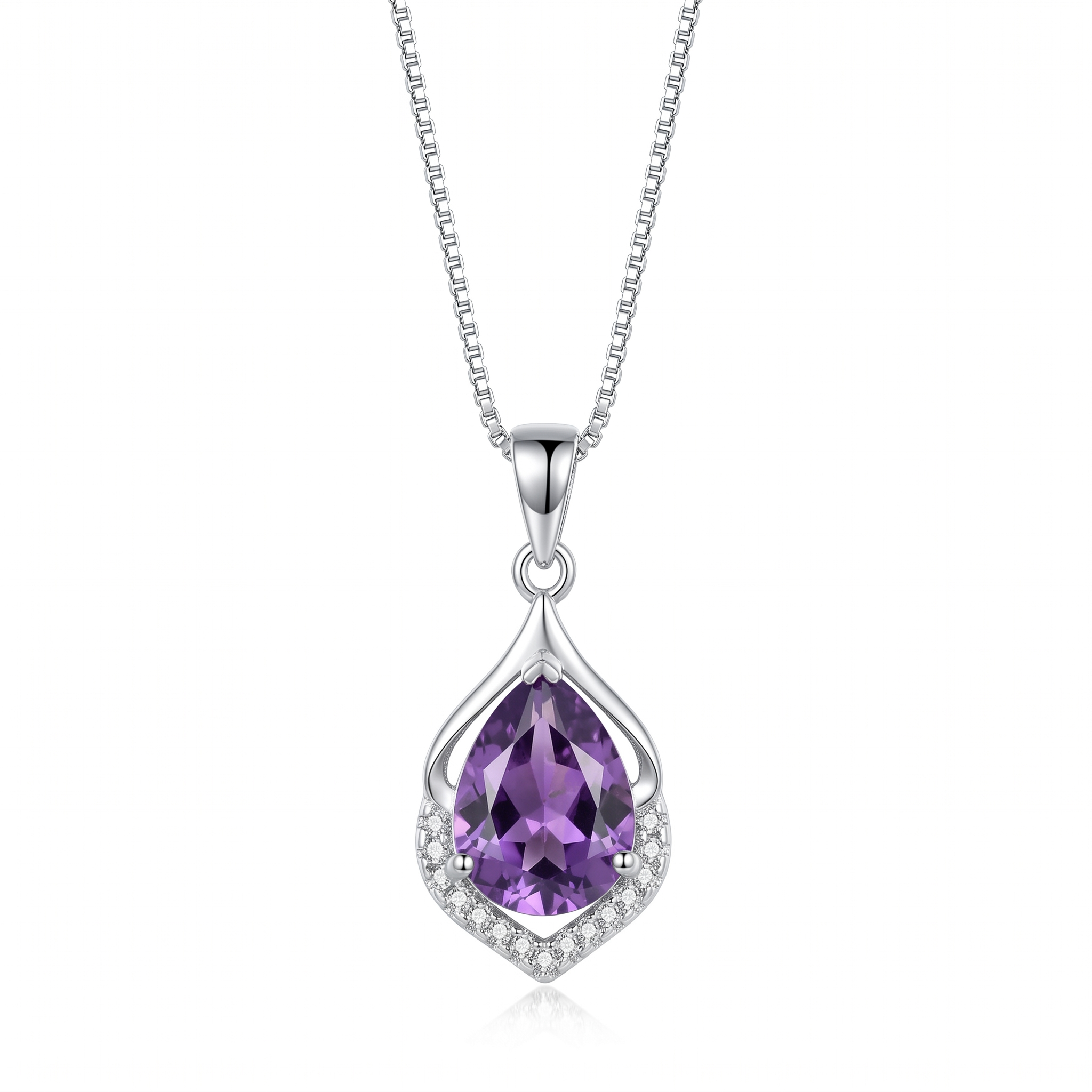 Elegant necklace with purple crystal — silver, vertical