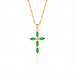 Emerald Cross Necklace — yellow gold, vertical chain