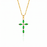 Emerald Cross Necklace — yellow gold, vertical chain