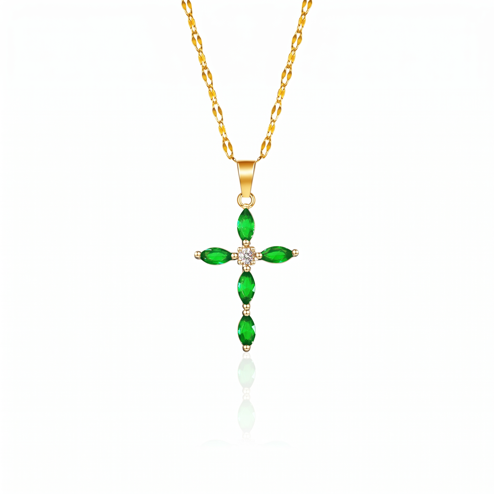 Emerald Cross Necklace — yellow gold, vertical chain
