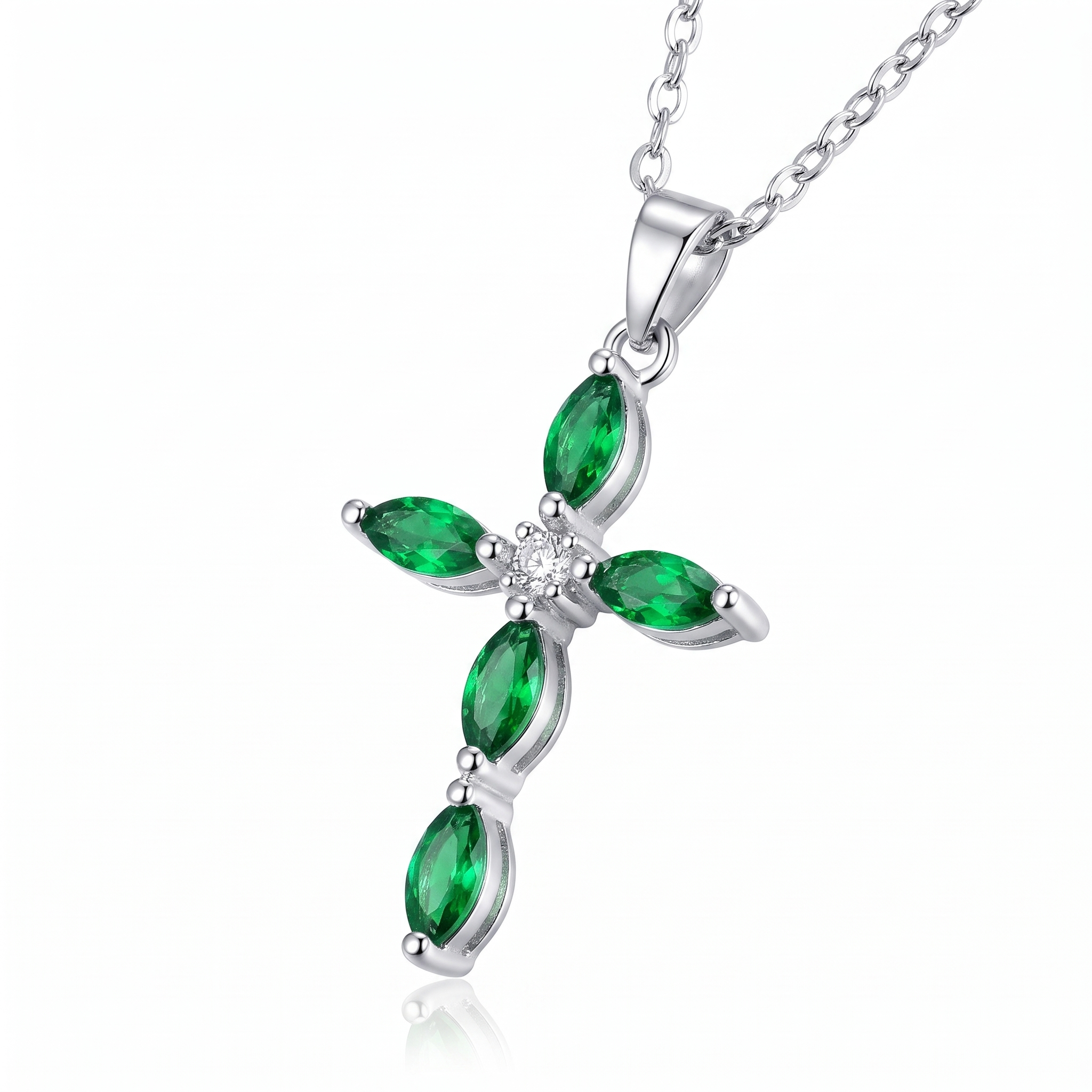 Emerald Cross Necklace — white gold, pendant close-up