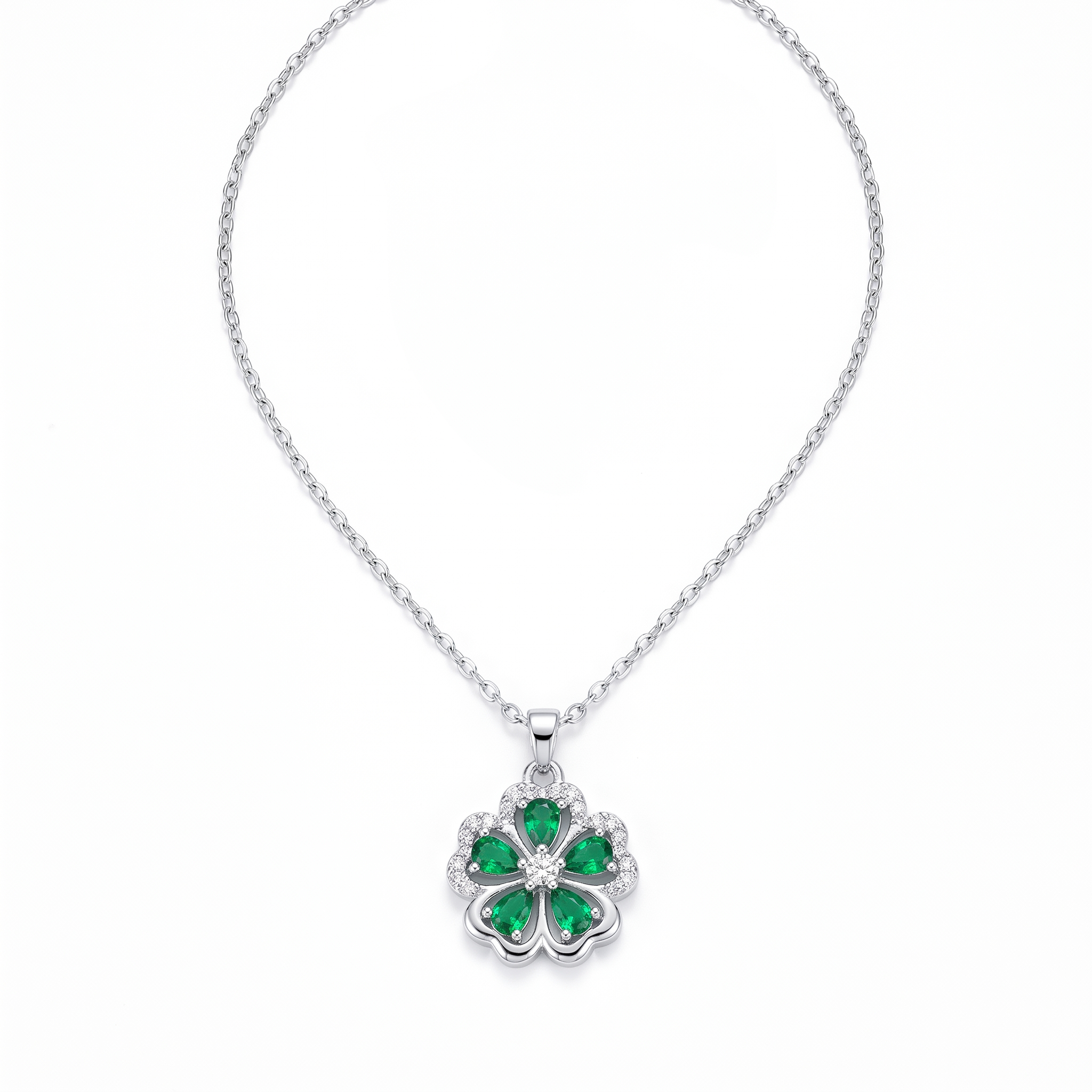 Gold Green Clover Crystal Pendant Necklace — white gold, teardrop