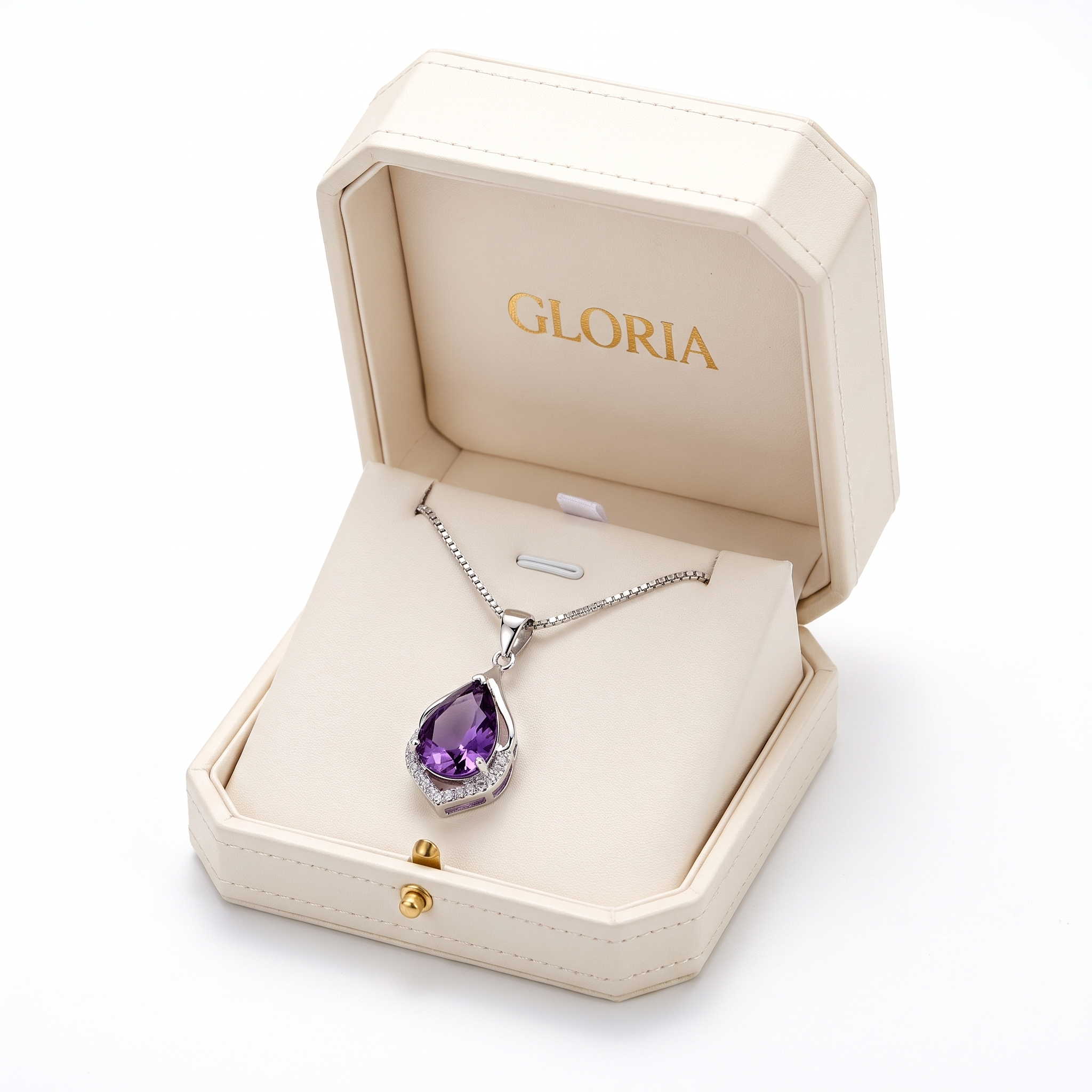 Elegant necklace with purple crystal — silver, gift box