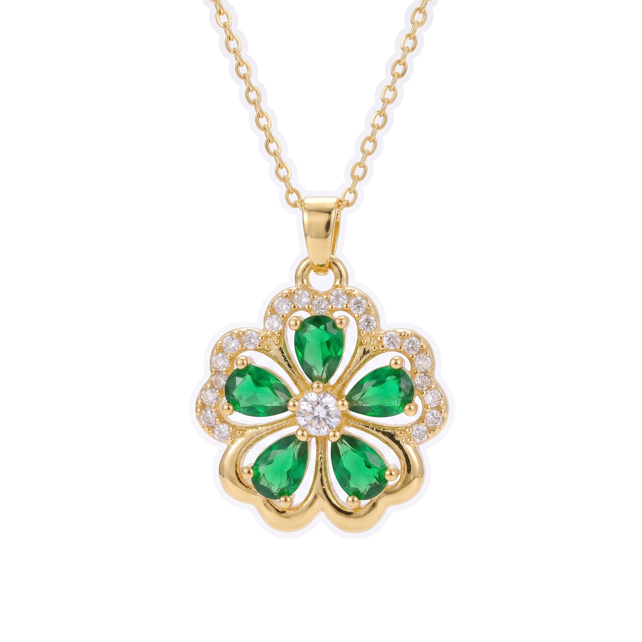 Gold Green Clover Crystal Pendant Necklace — yellow gold, vertical chain