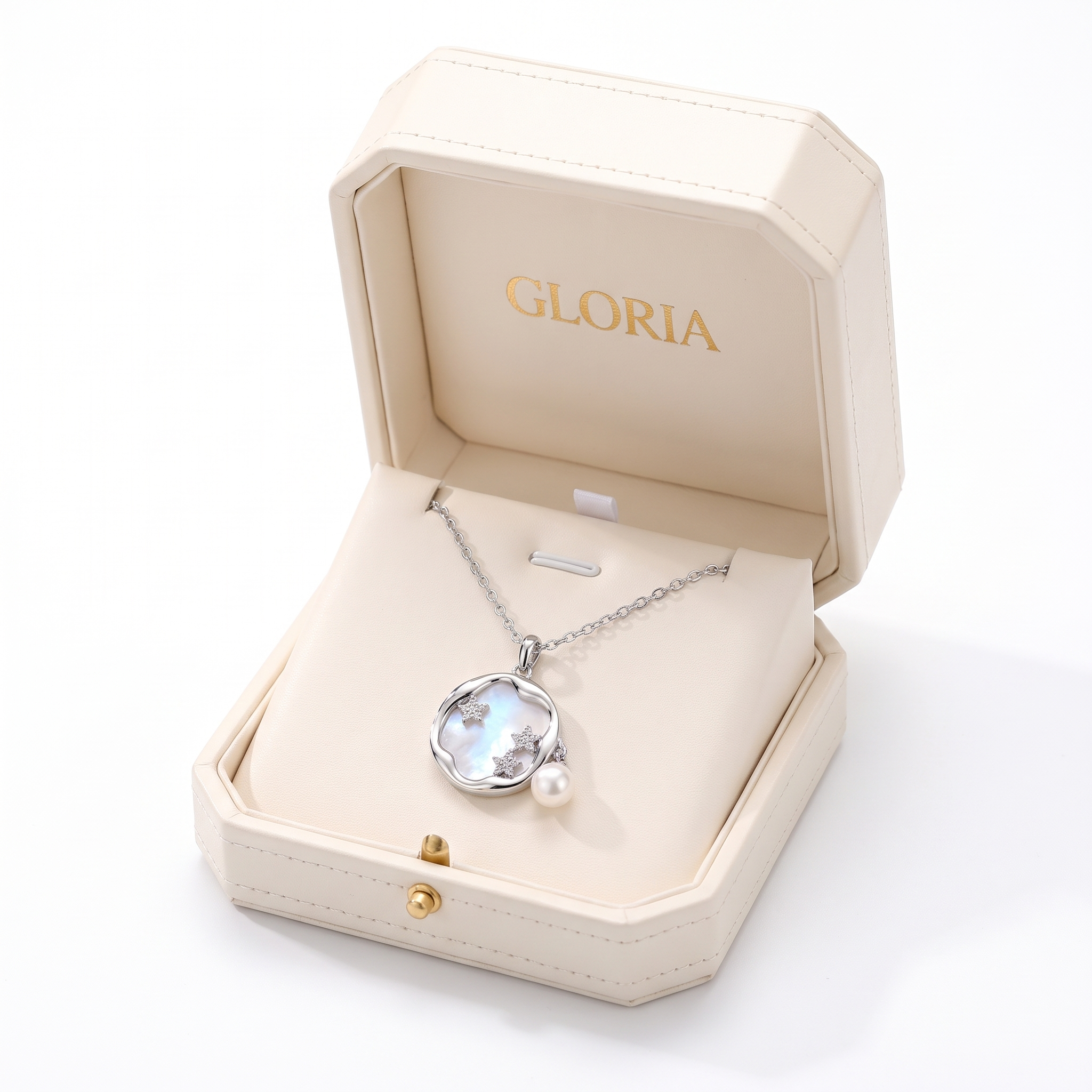 Moonstone with Pearl Necklace in Gold — silver, in box
