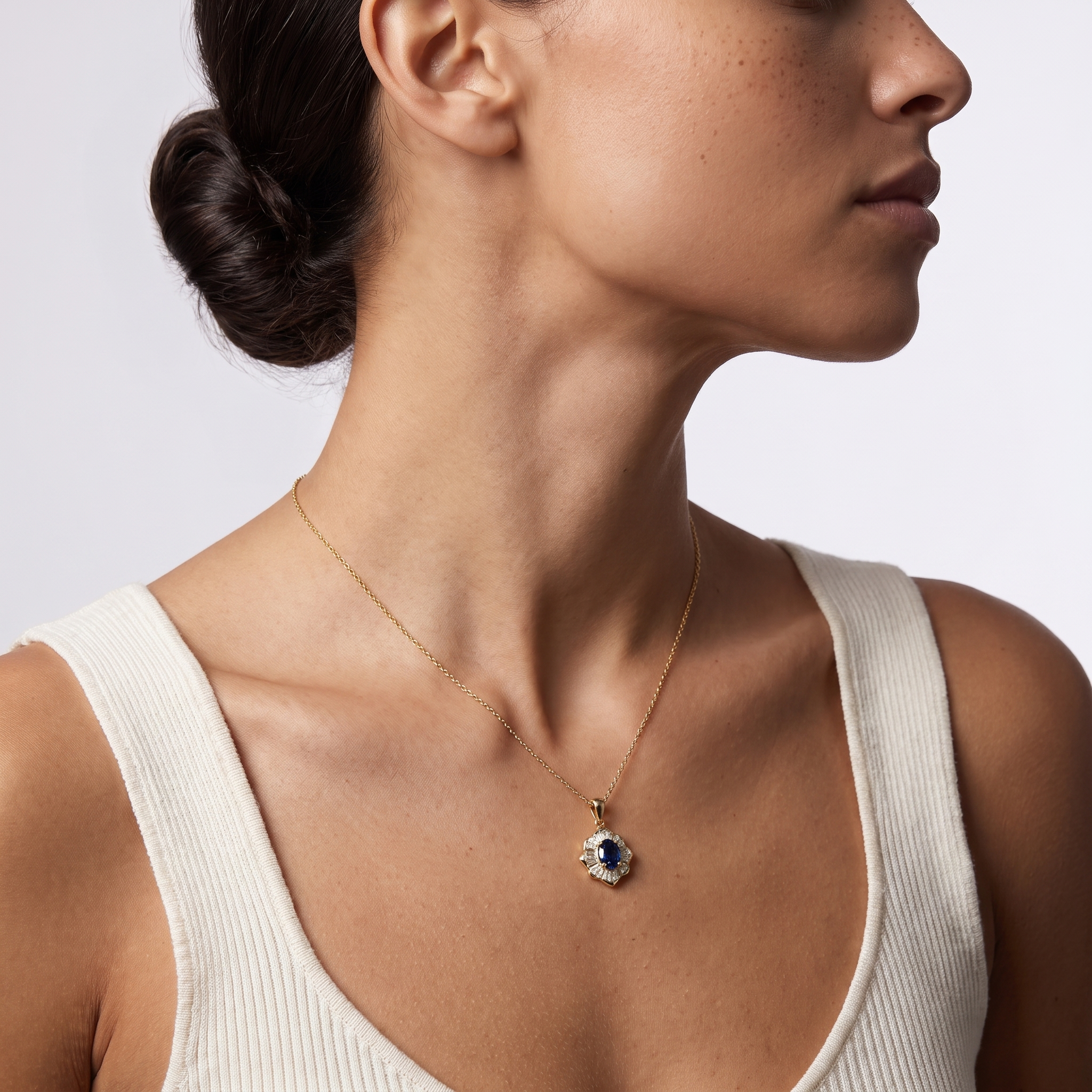 Model wearing the Kavella Noctazure Necklace