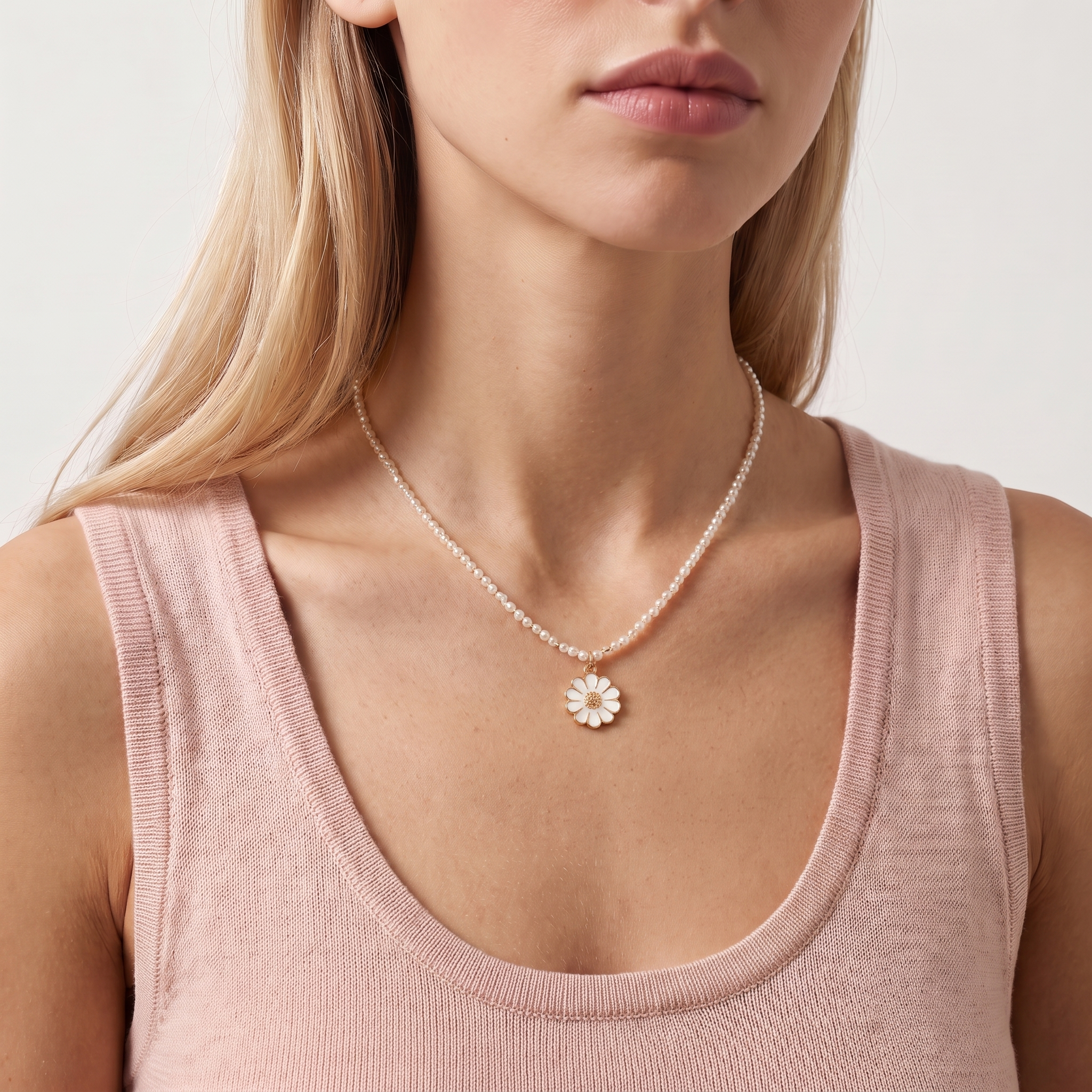 Model wearing the Pearl Daisy Pendant Necklace