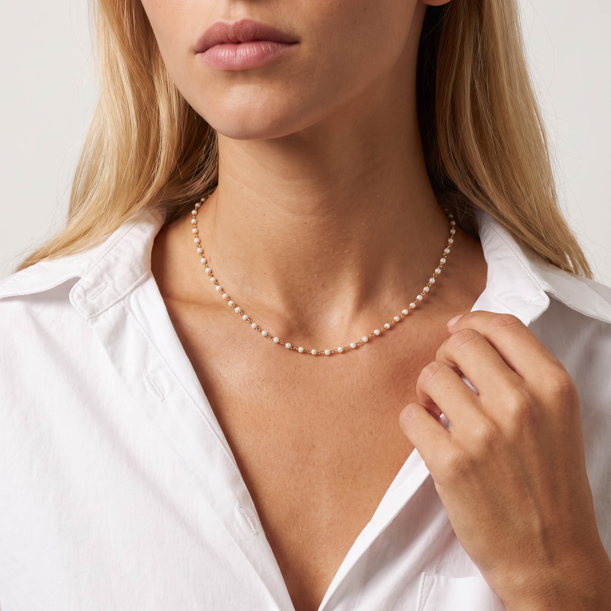 Model wearing the Clean White Bead Necklace